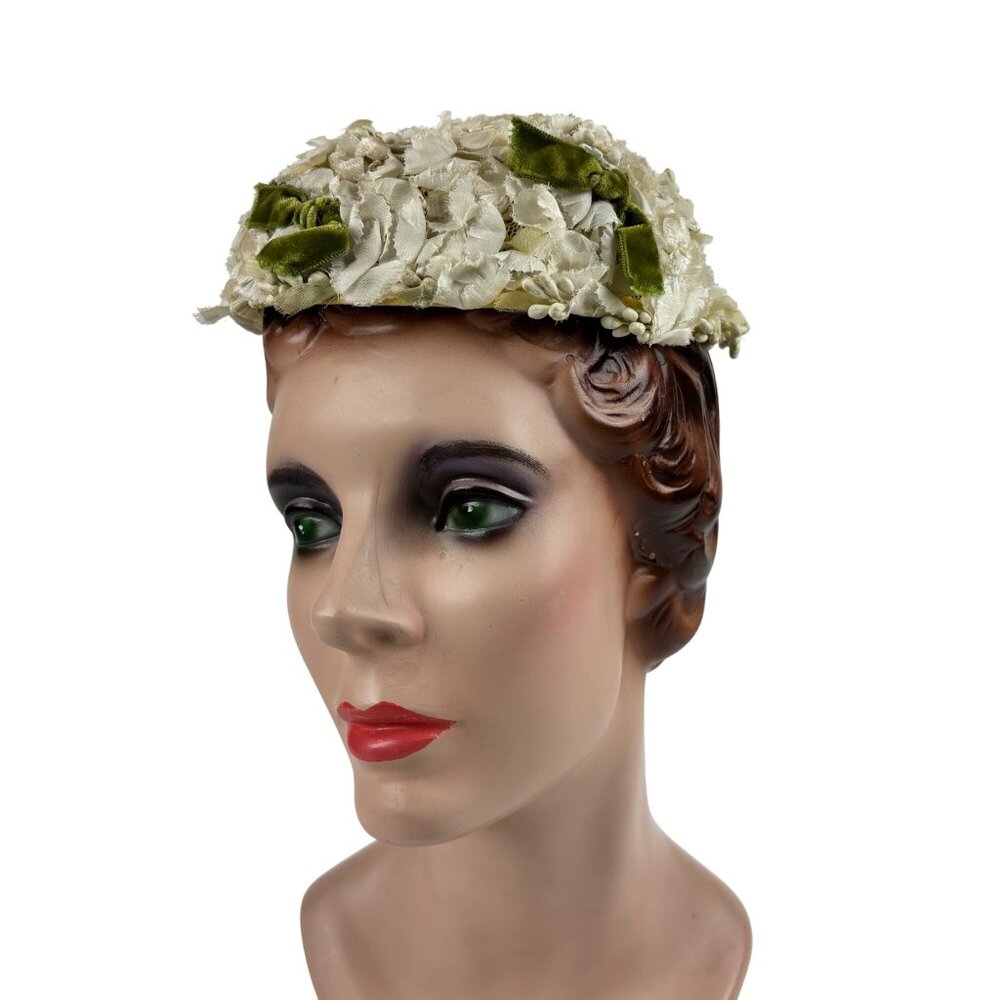 Vintage 50s Floral Hat White Green Bows Formal Round Pillbox B. Forman - Picture 3 of 11